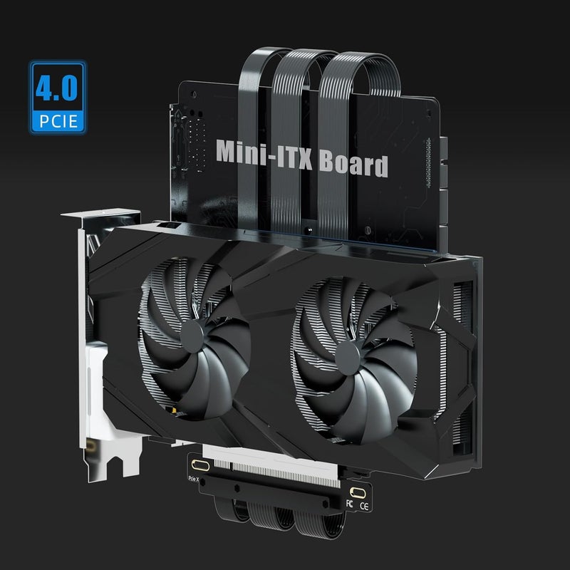 GLOTRENDS كابل ريسير مزدوج عكسي PCIE 4.0 للوحة الأم Mini-ITX (170x170mm) ، متوافق مع سلسلة RTX 40/30 وسلسلة Radeon RX7000/RX6000 ، لون أسود - Image 4